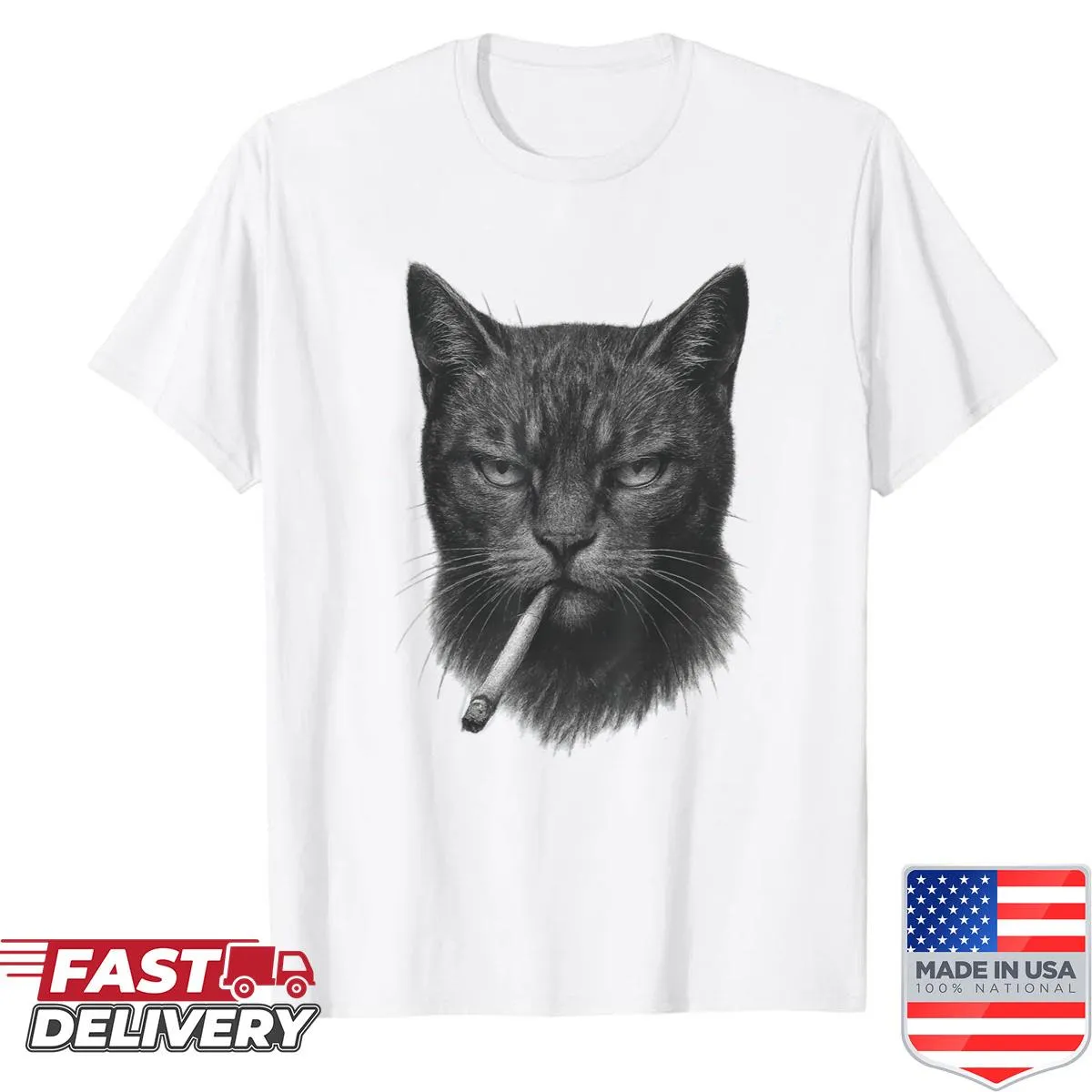 Cartoon of a grumpy cat smoking a cigarette on a meme shirt.