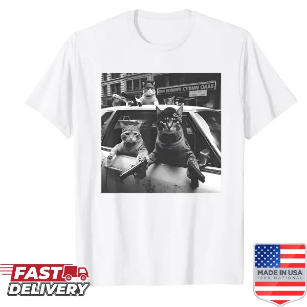 Vintage-style T-shirt featuring a funny cat gang graphic