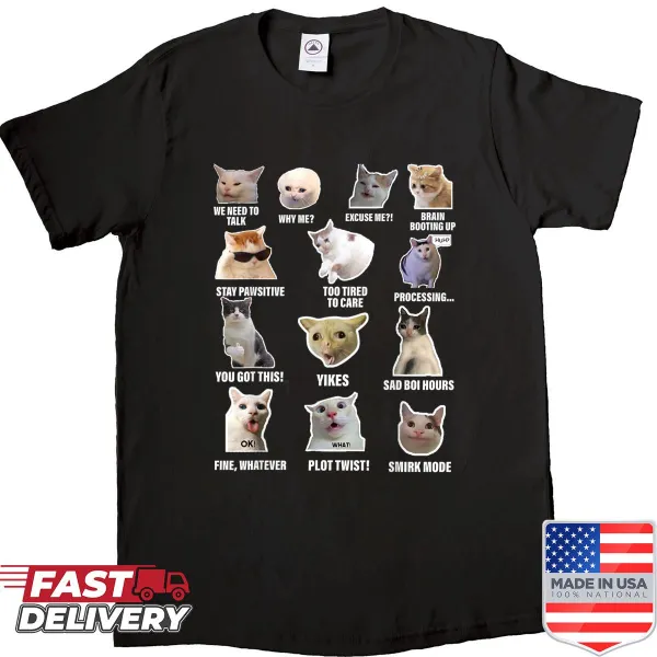 Funny cat meme shirt with a collage of cartoon cat faces