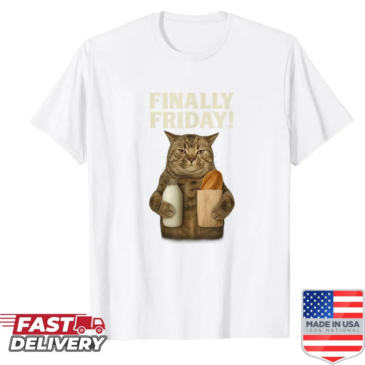 Sarcastic T-shirt featuring a funny cat meme about finally being Friday