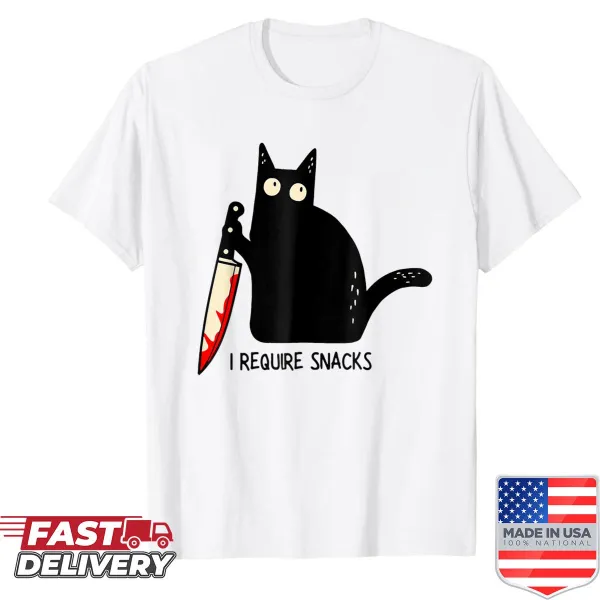 Cat meme t-shirt with the phrase 'I Require Snacks' for kids.