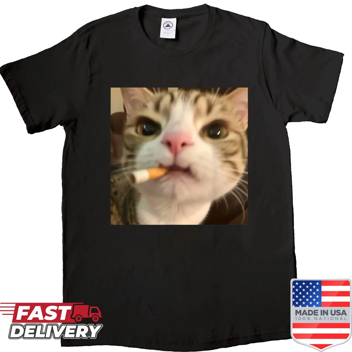 Cat pilot graphic with smoking meme theme on shirt