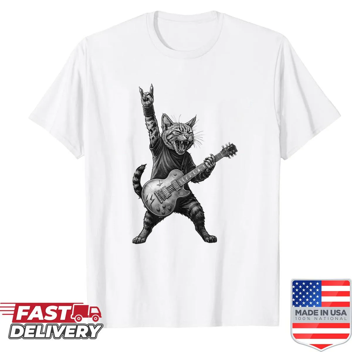 T-shirt featuring a cartoon cat playing guitar in a rock band