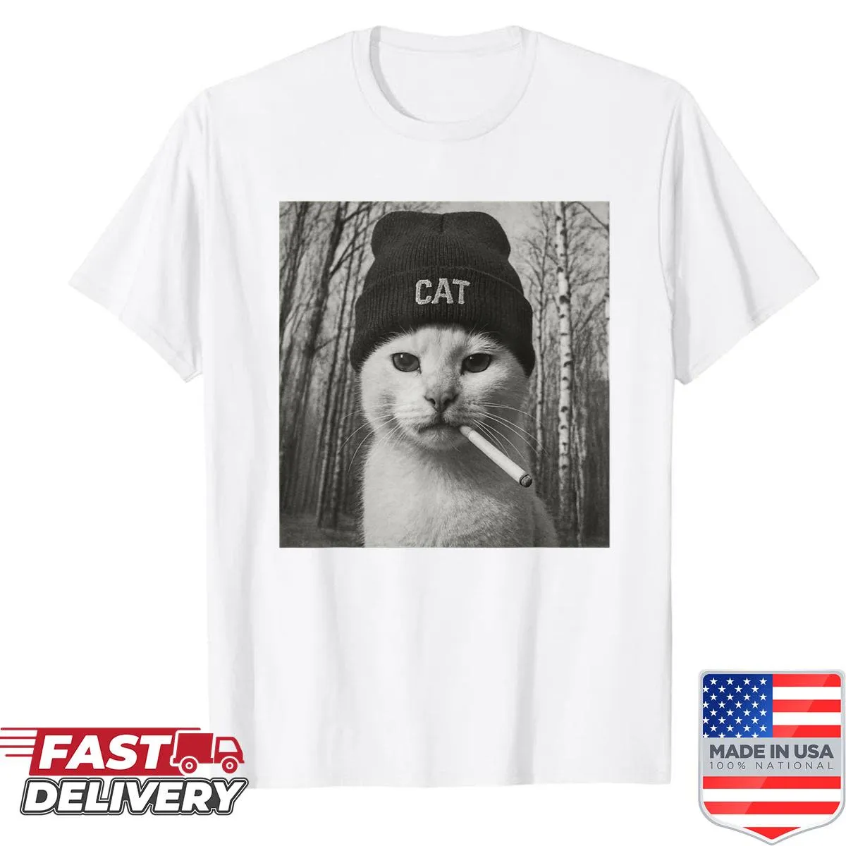 Illustration of a smoking cat with a sarcastic quote on shirt
