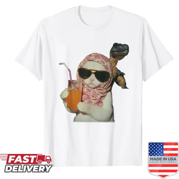 Cartoon chill cat on dinosaur meme t-shirt