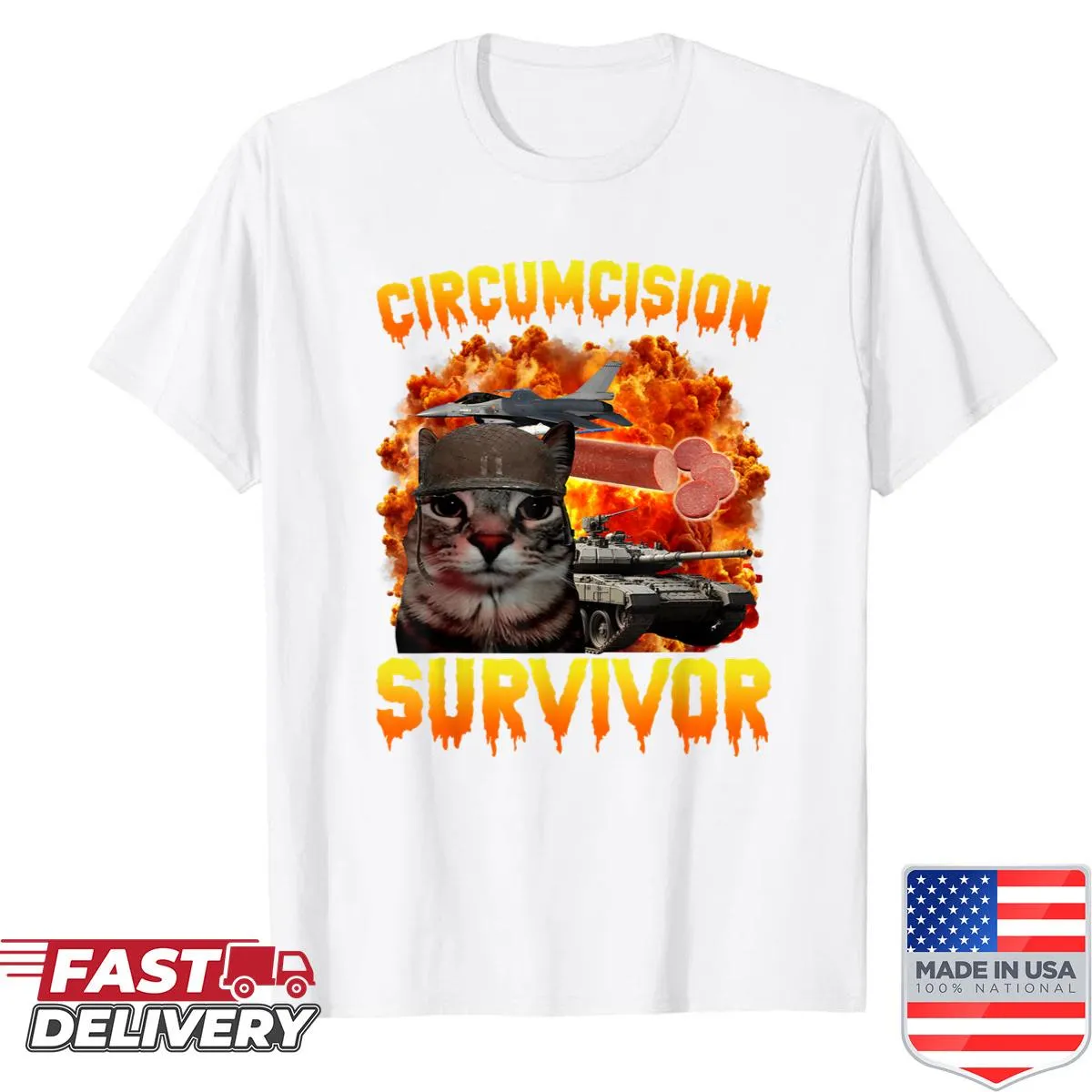 Quirky cat-themed t-shirt with 'circumcision survivor' phrase
