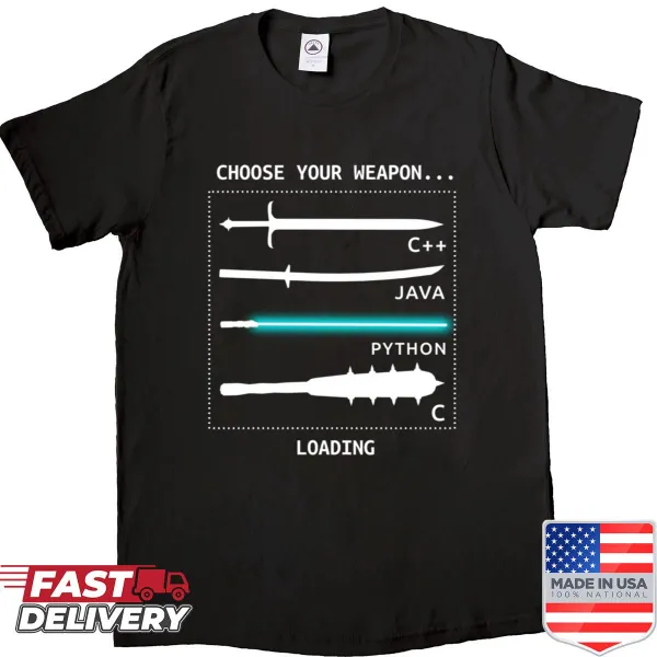 Graphic of programming languages depicted as funny weapons for coders