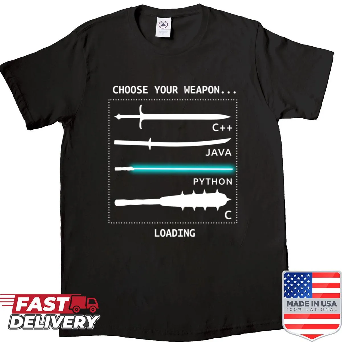 Graphic of programming languages depicted as funny weapons for coders