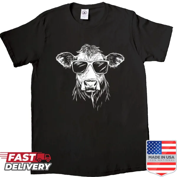Cartoon cow wearing sunglasses in an illustrated design