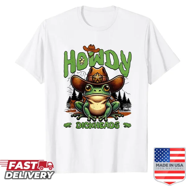 Cartoon cowboy frog graphic on a humorous shirt
