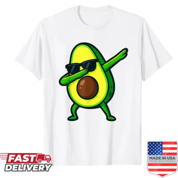 Cartoon avocado doing a dab dance on t-shirt