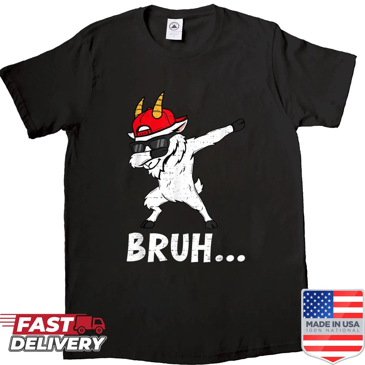 Cartoon dabbing goat graphic on a humorous shirt.