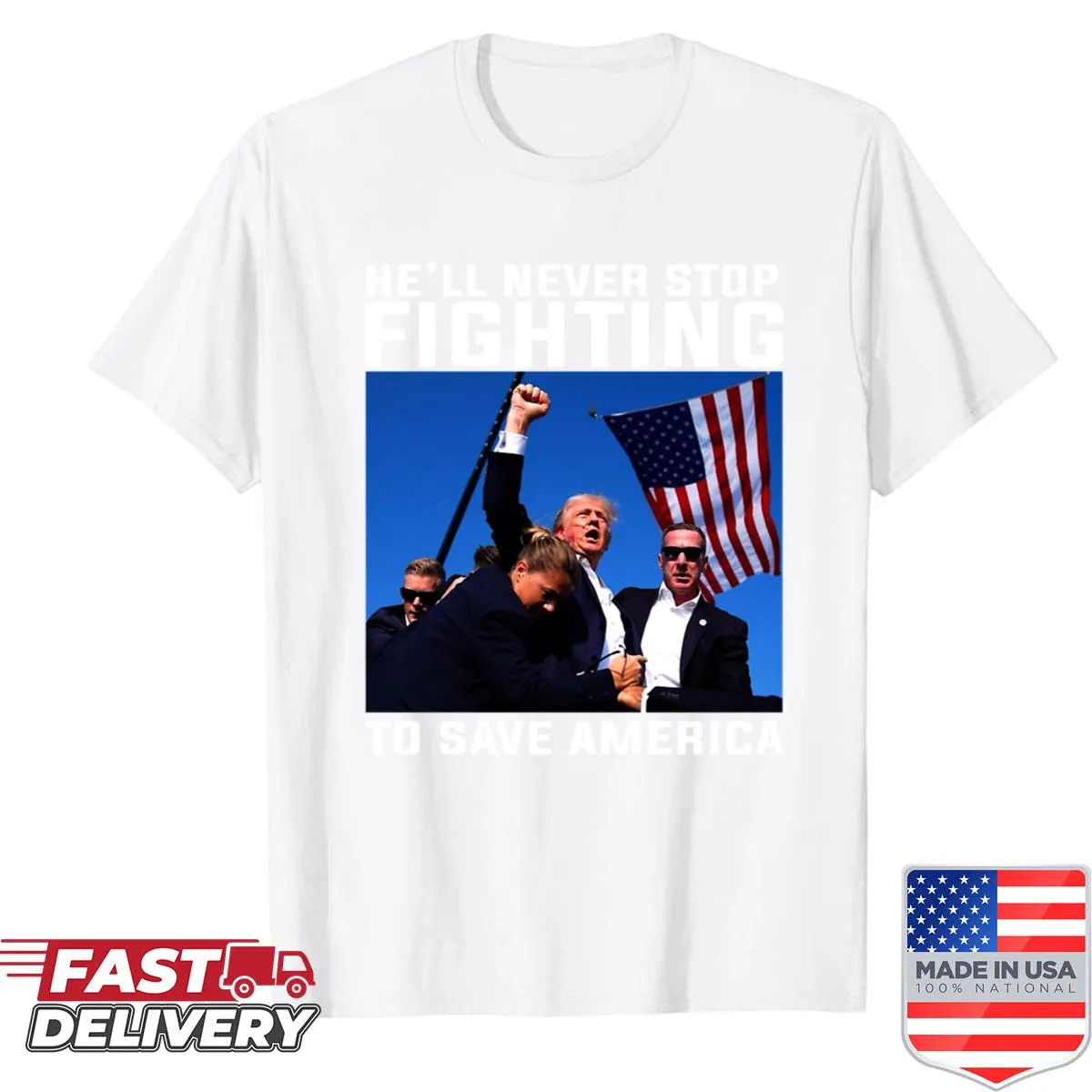 Bold text shirt featuring political humor about Donald Trump.