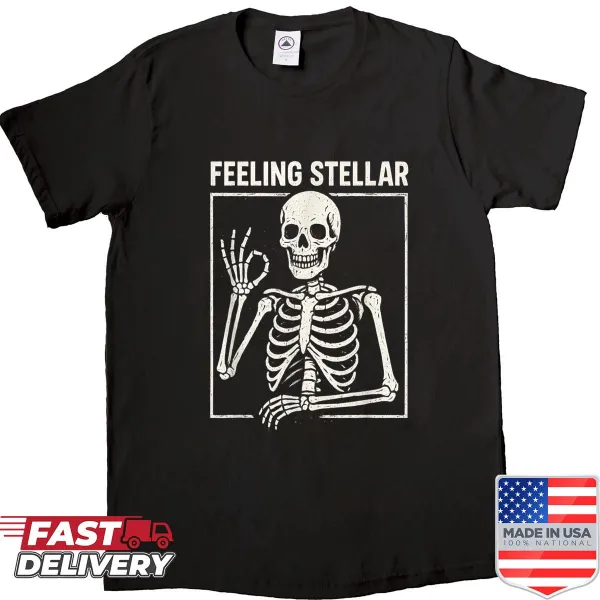 Skeleton graphic with 'Feeling Stellar' text in bold typography