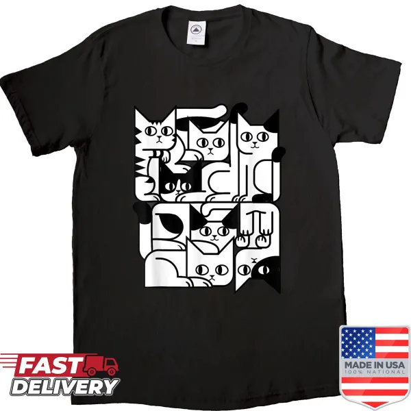 Geometric cat designs on a humorous t-shirt