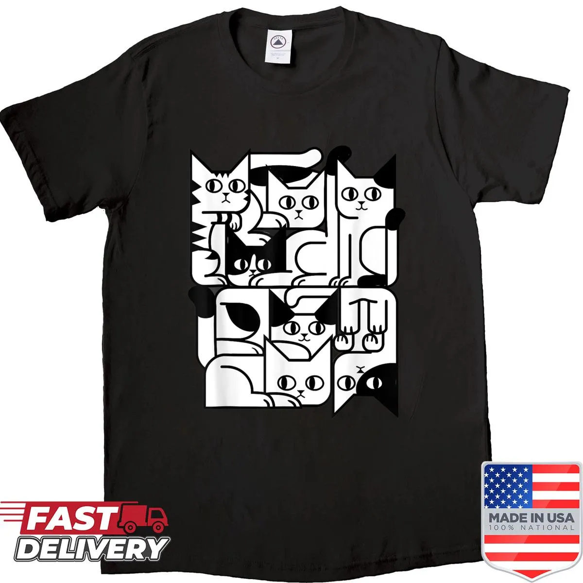 Geometric cat designs on a humorous t-shirt