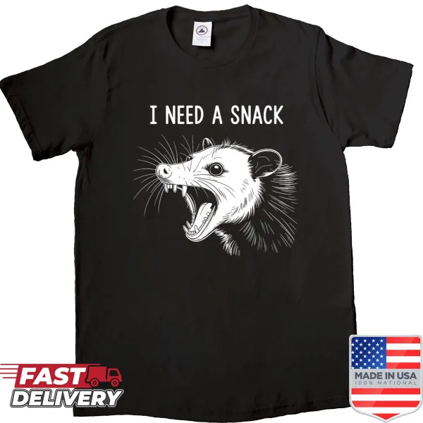 Retro screaming opossum graphic on Funny I Need A Snack Shirt