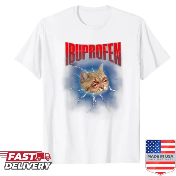 Funny cat meme with lightning and ibuprofen graphic