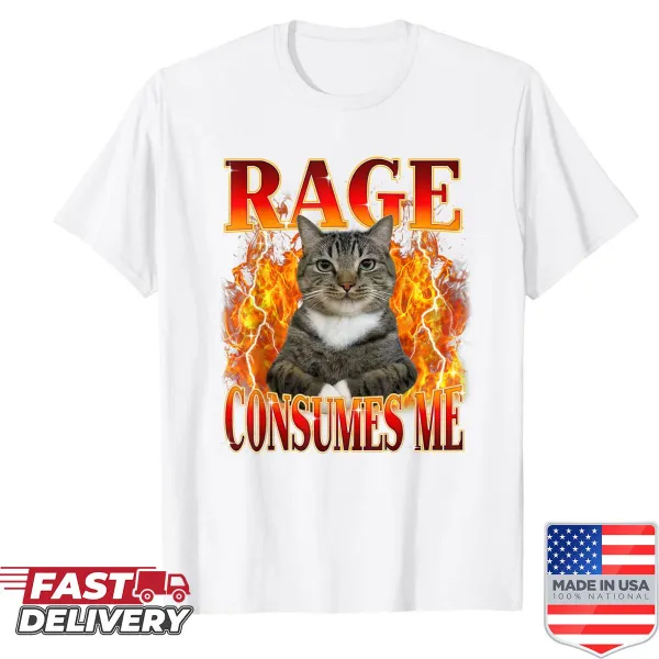 Cat meme shirt with sarcastic text Rage Consumes Me and kitten illustration
