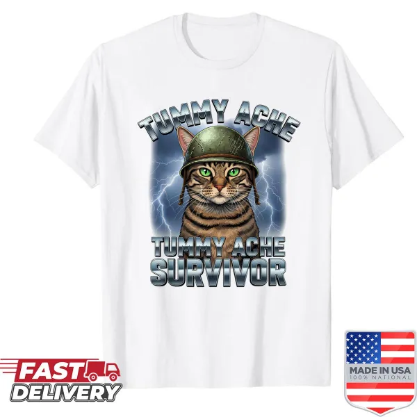 Funny cat shirt with 'Tummy Ache Survivor' graphic