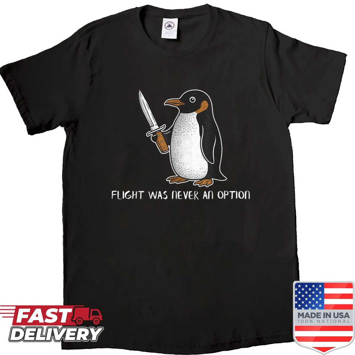 Cartoon penguin in flight with a dad joke caption on a humorous shirt