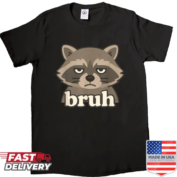 Funny raccoon meme t-shirt with the word 'Bruh'
