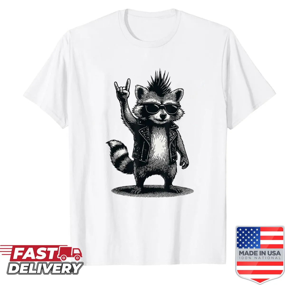 Retro rock music T-shirt featuring a raccoon playing guitar