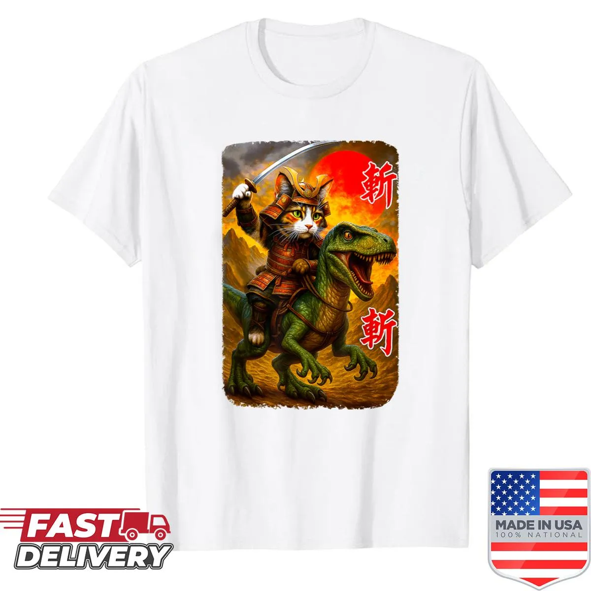 Funny samurai cat riding dinosaur graphic shirt