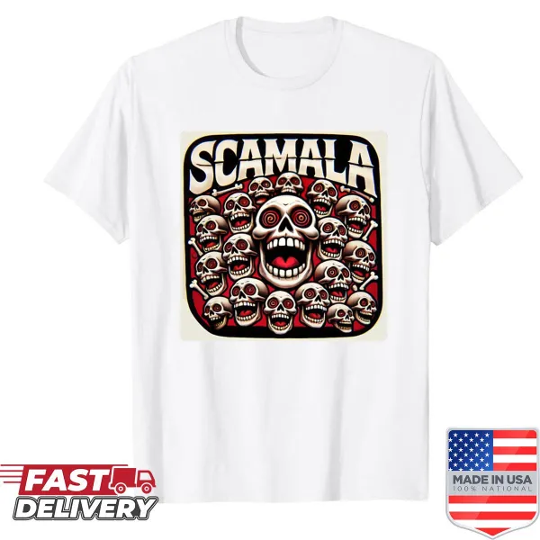 Shirt with the phrase 'Scamala Harris For President' in bold typography