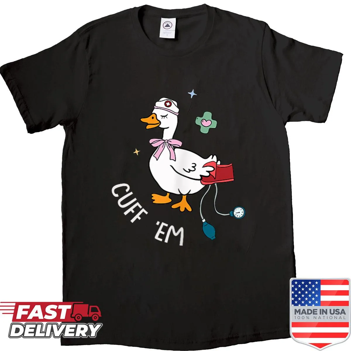 Humorous nurse shirt with 'Silly Goose Nurse' text and illustrations.