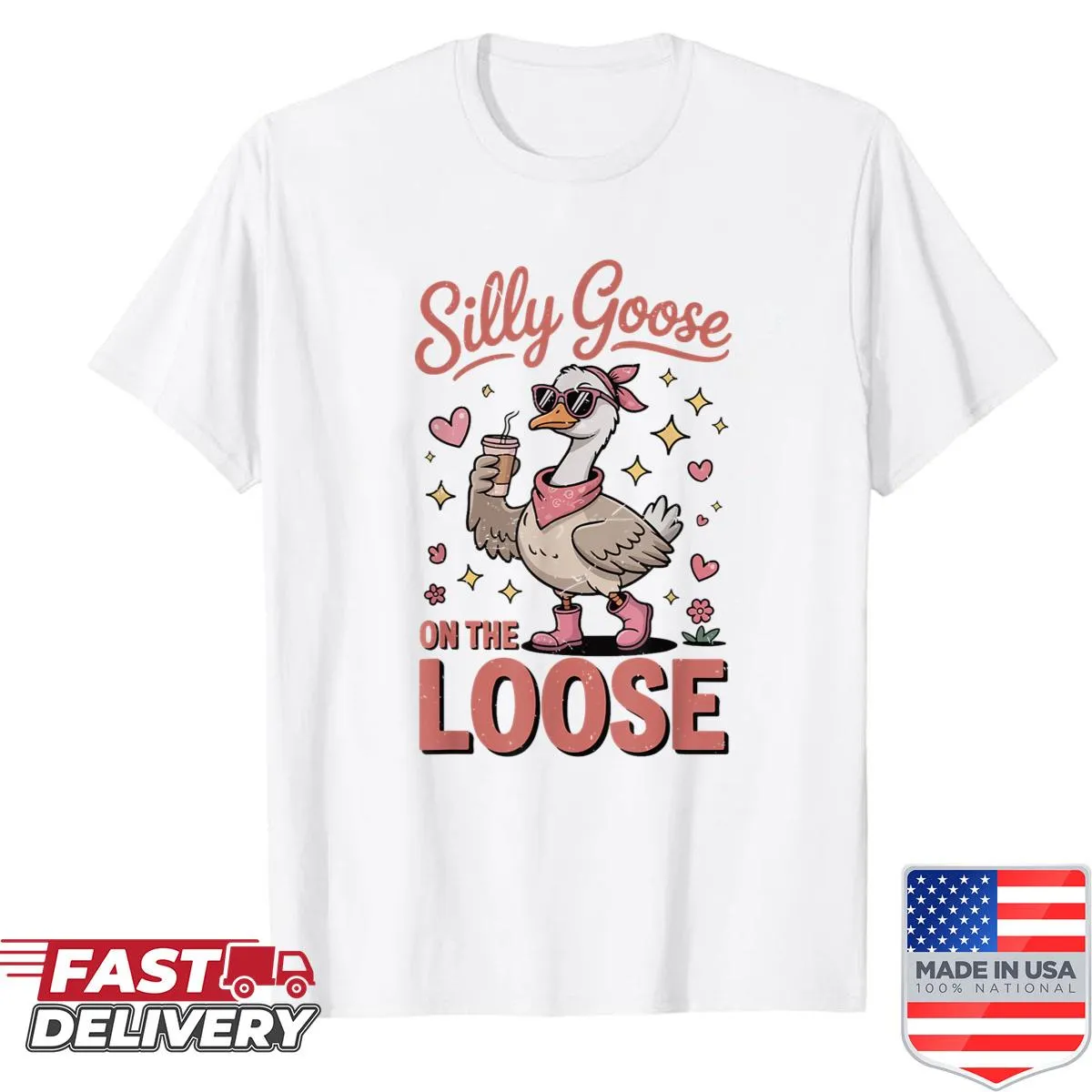 Playful cartoon goose with 'Silly Goose On The Loose' text