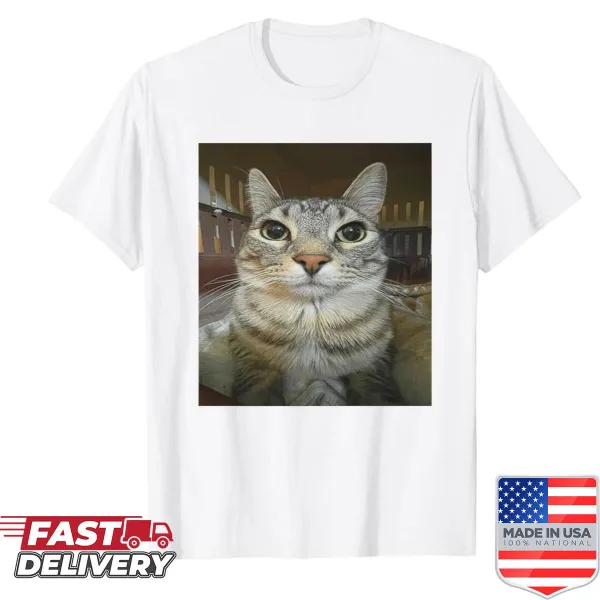 Funny T-shirt featuring a silly staring cartoon cat design.