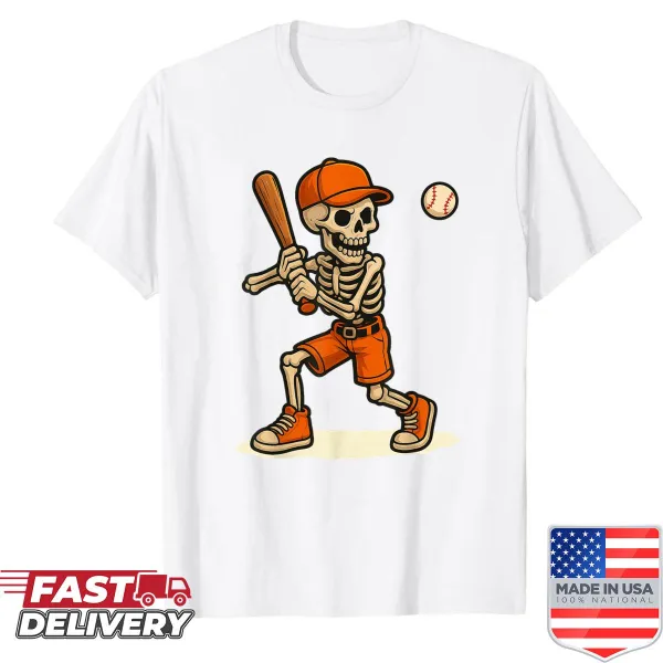 Skeleton baseball graphic for Halloween on a kids shirt