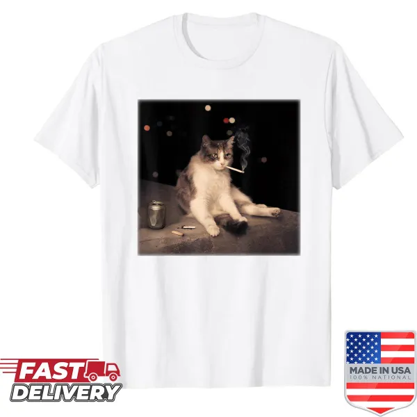 Cat smoking a cigarette cartoon illustration with meme text
