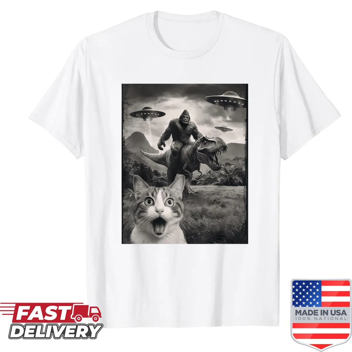 Whimsical shirt with Bigfoot on T-Rex and alien UFO graphic.