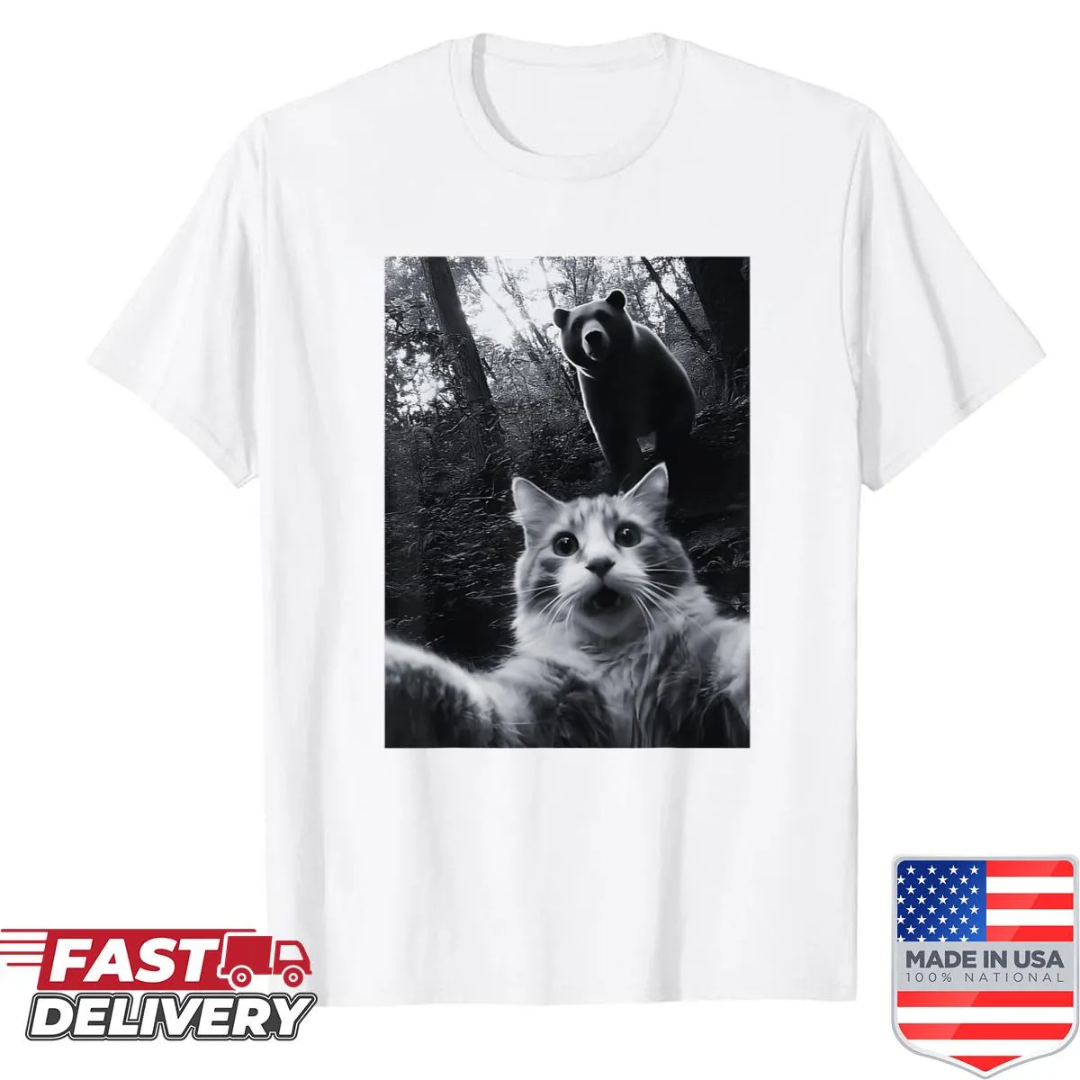 Scared cat selfie meme with bear graphic on a shirt
