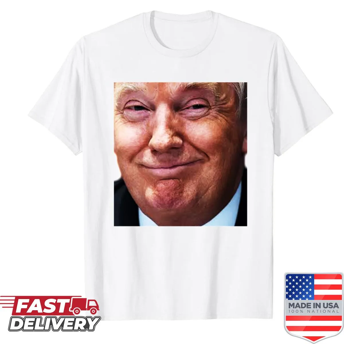 Donald Trump smiling face graphic on a humorous shirt