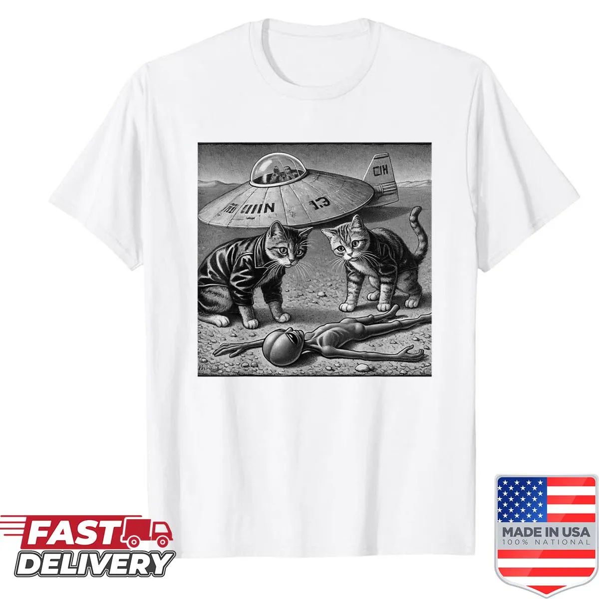 Funny shirt featuring a cat and UFO crash graphic with alien theme.