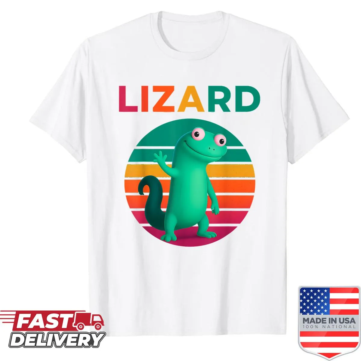 Retro sunset gecko design with whimsical lizard graphics