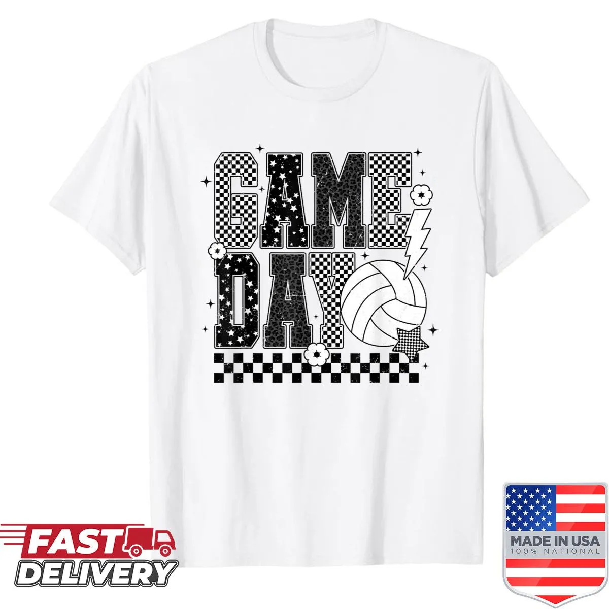 Funny volleyball graphic T-shirt with checkered design