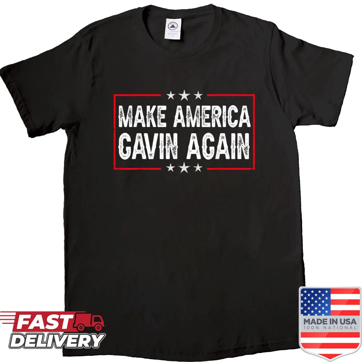 Vintage-style shirt with 'Make America Gavin Again' text
