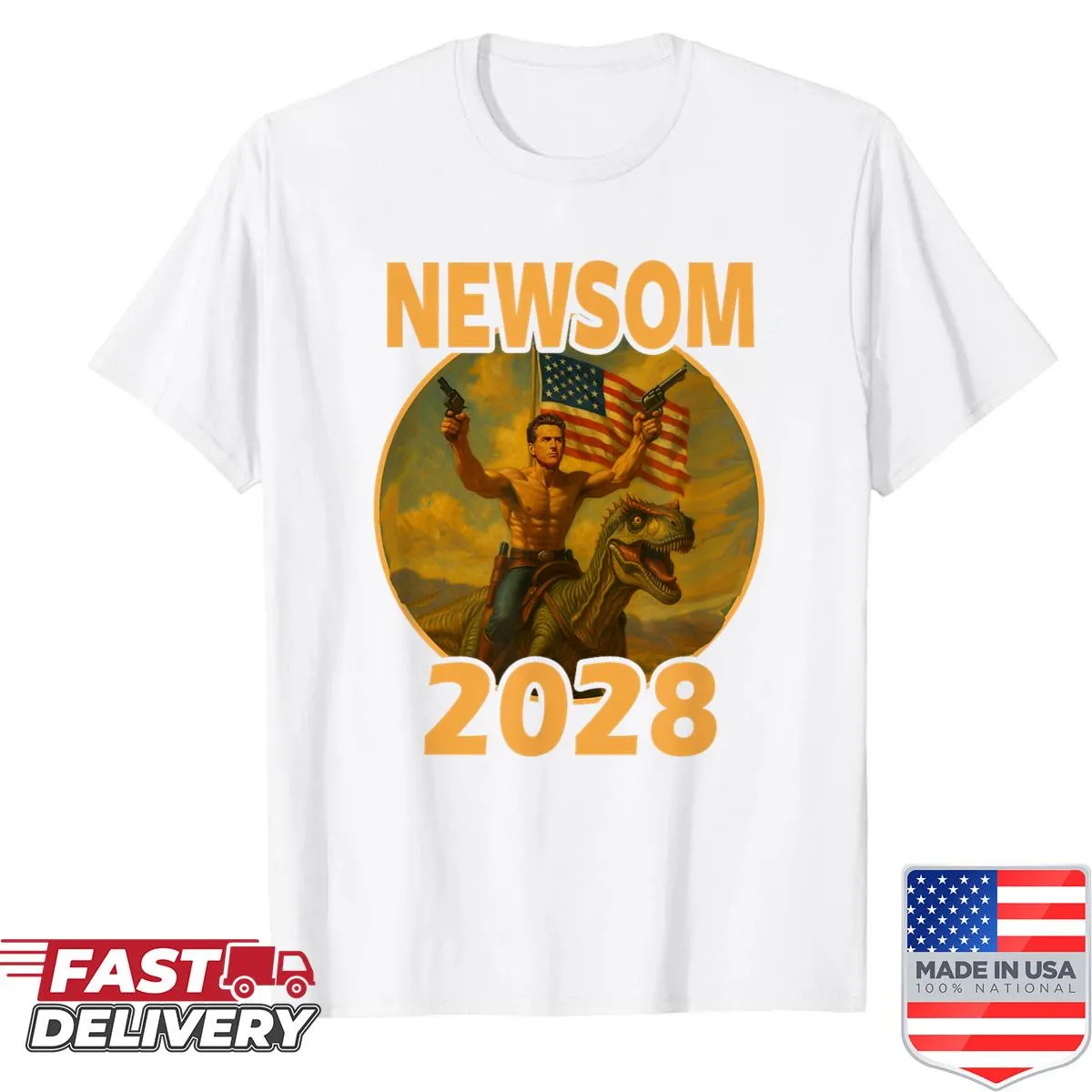 Illustrated T-shirt of Gavin Newsom riding a dinosaur