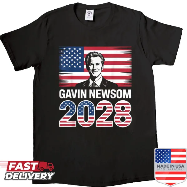 Patriotic shirt featuring Gavin Newsom for 2028 and American flag design.