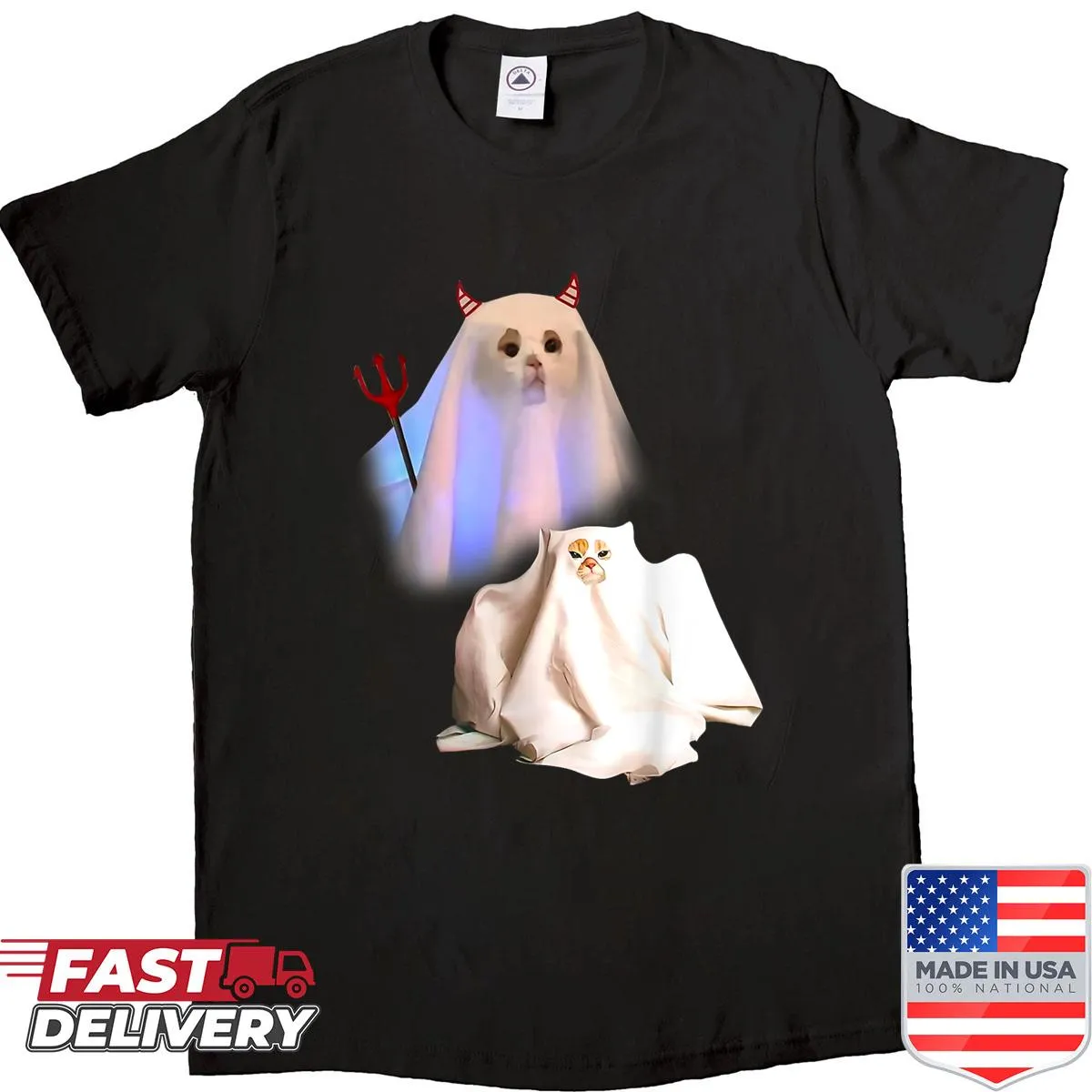 Cute ghost cat cartoon graphic on a Halloween t-shirt