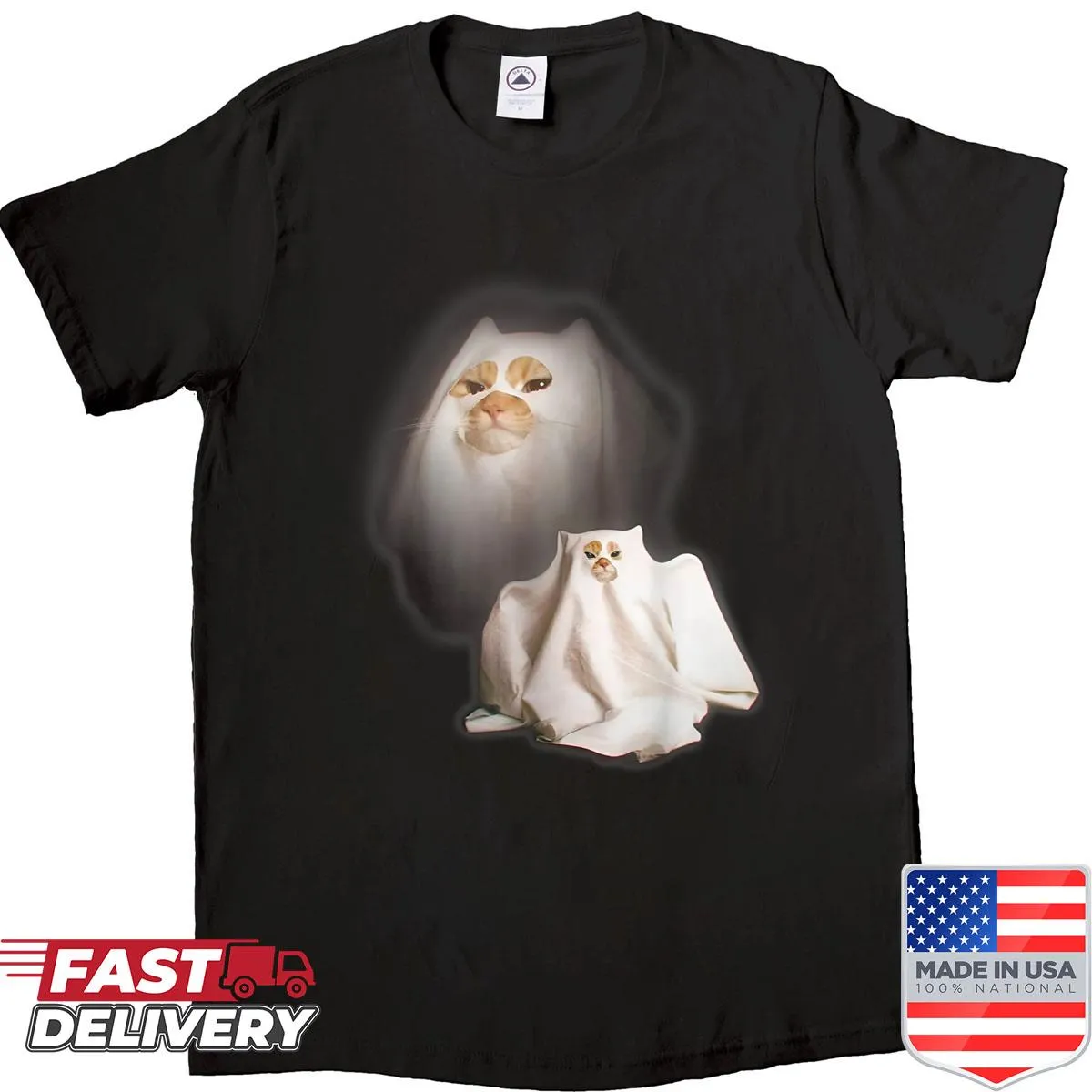 Cartoon ghost cat graphic for Halloween