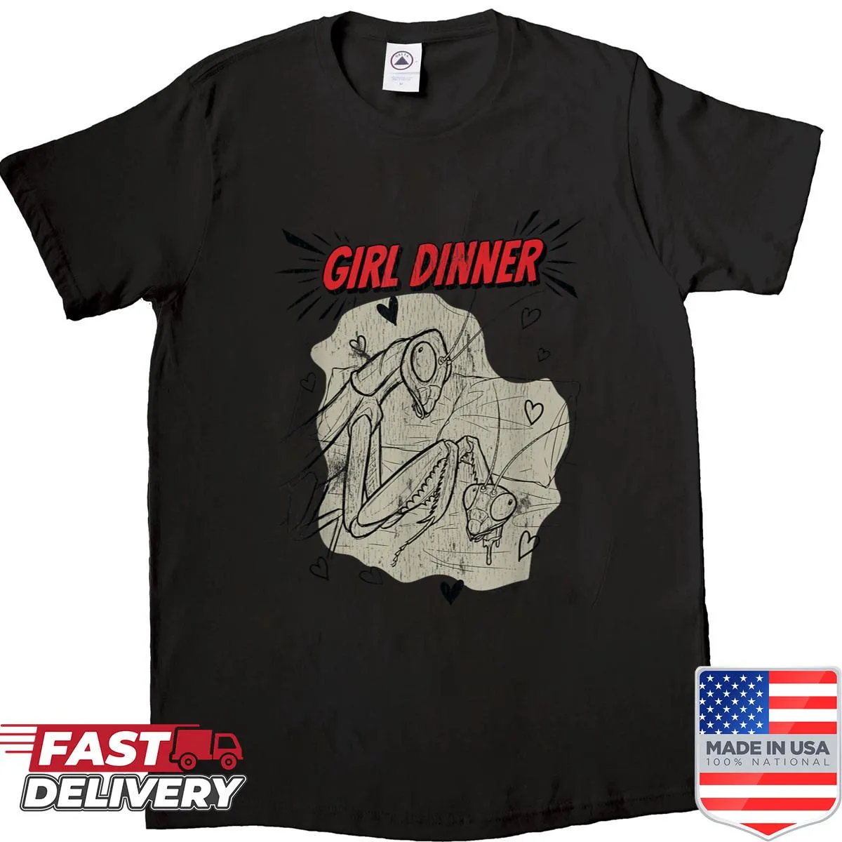Illustration of a sarcastic praying mantis on a humorous shirt