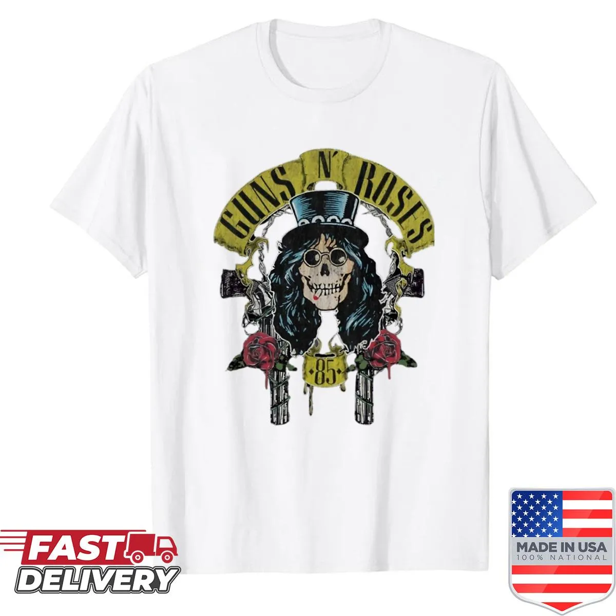 Artwork tribute shirt for Guns N' Roses featuring iconic design elements.