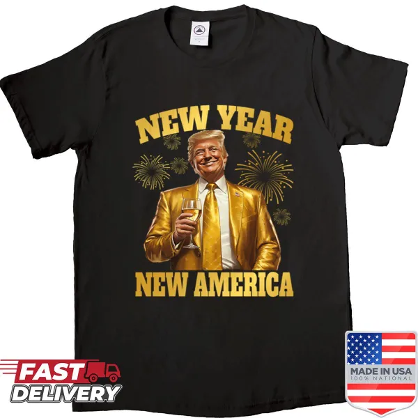 Typographic design shirt celebrating New Year and patriotic sentiments.