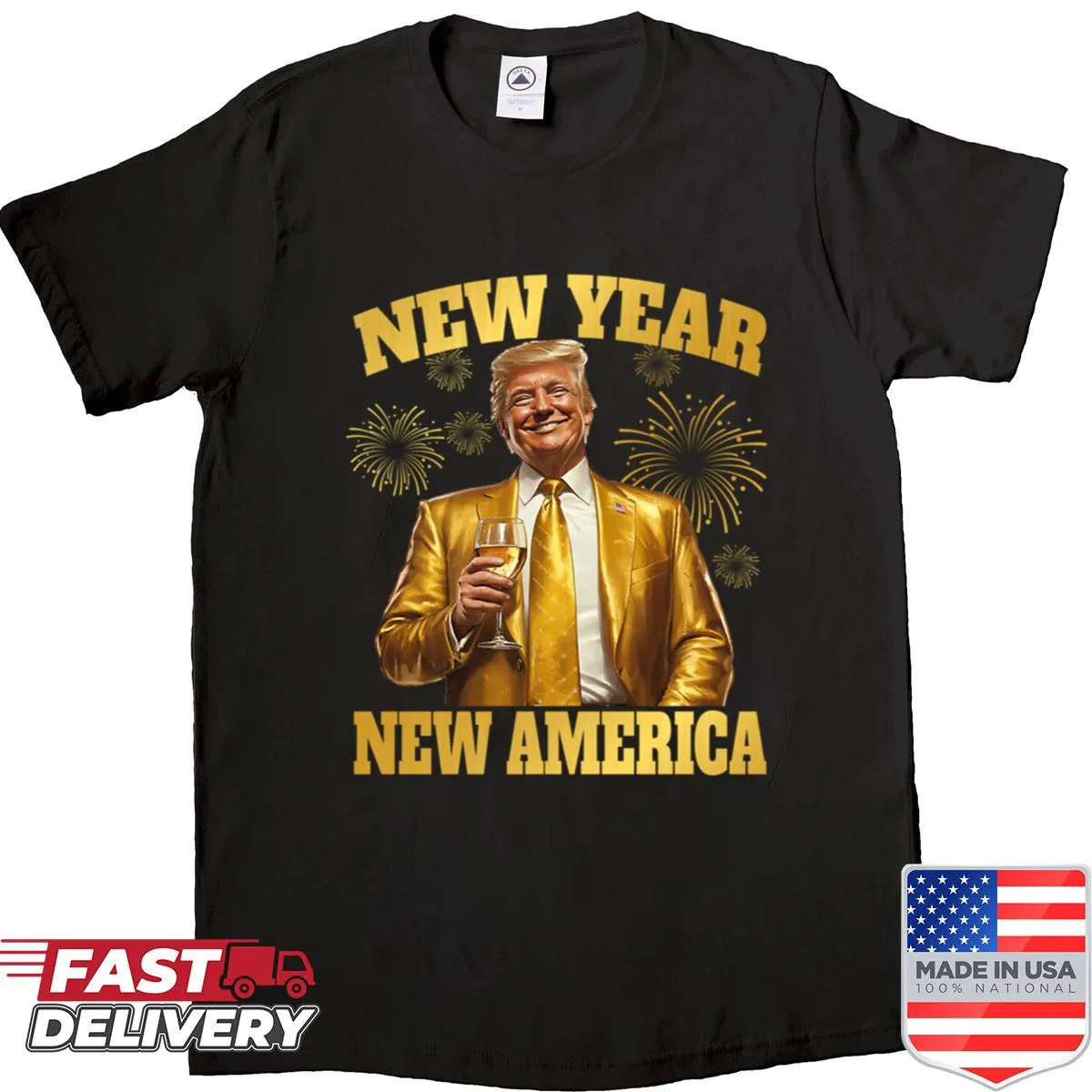 Typographic design shirt celebrating New Year and patriotic sentiments.