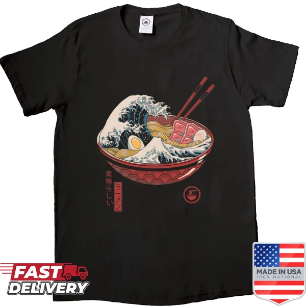 Shirt featuring an artistic design of ramen in a wave.